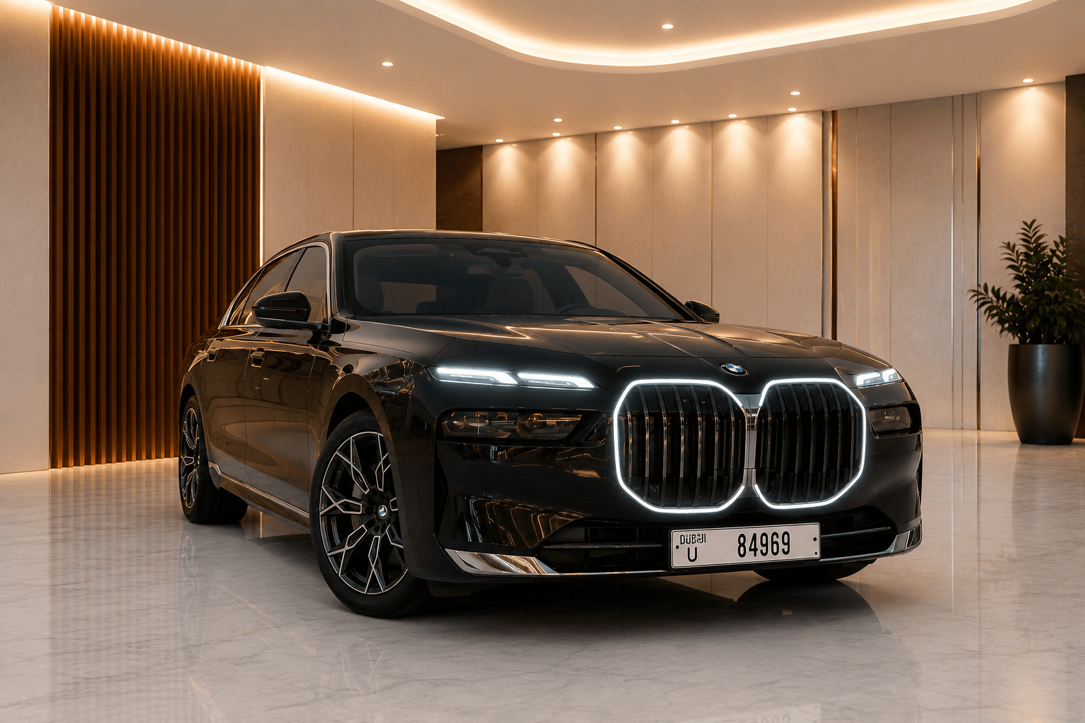 Black BMW 7 Series front three-quarter view with illuminated grille in a marble-floored showroom