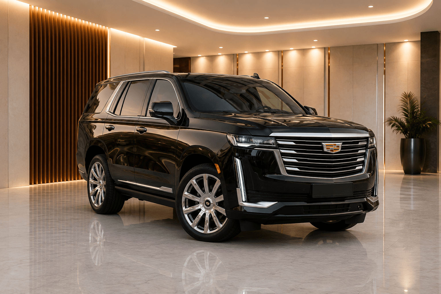 Black Cadillac Escalade ESV front three-quarter view with chrome grille in a marble-floored showroom