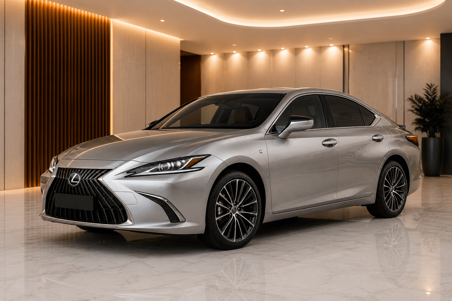 Silver Lexus ES 300h front three-quarter view in a marble-floored showroom