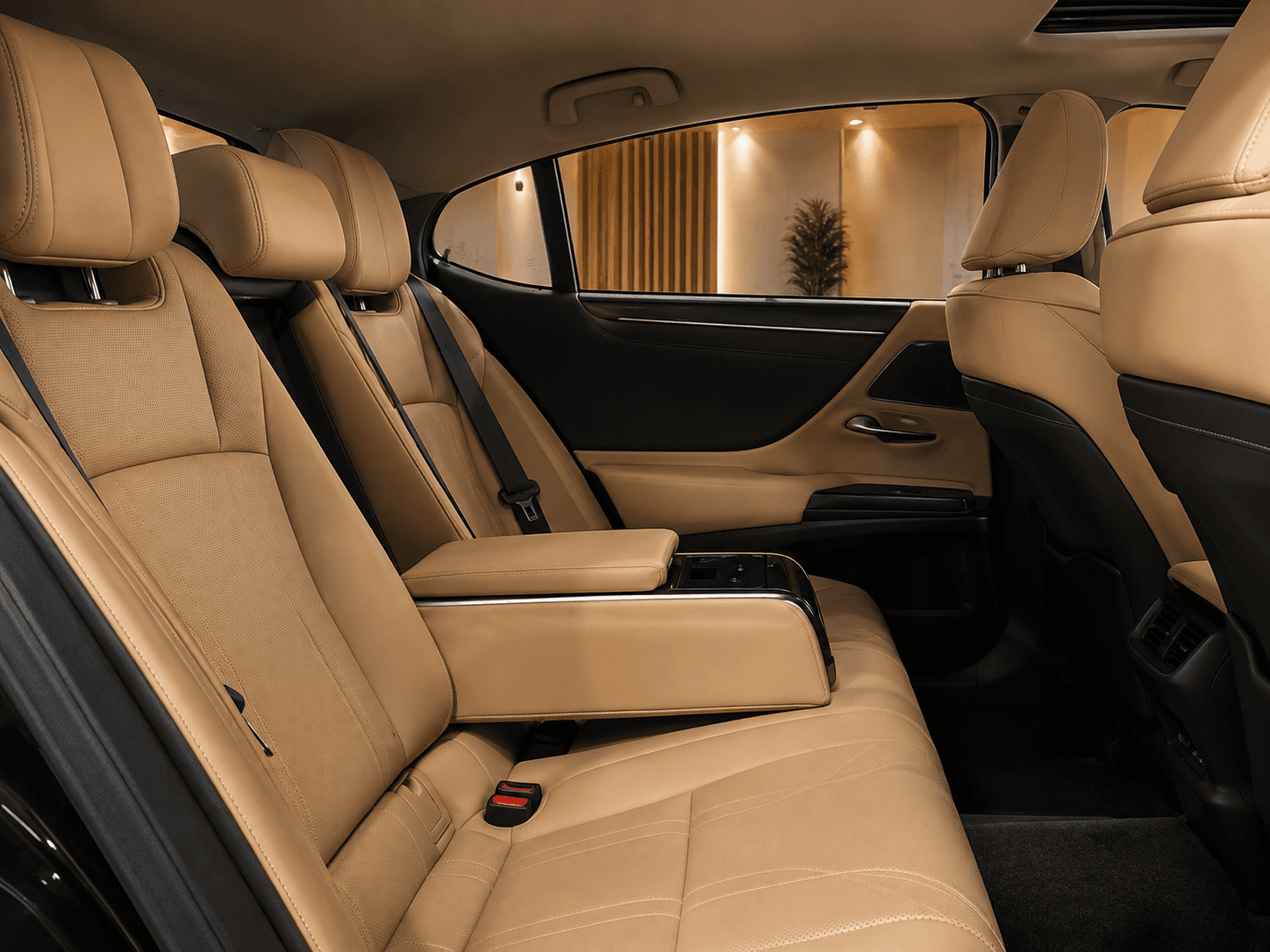 Lexus ES 300h rear cabin in tan leather with folding centre armrest