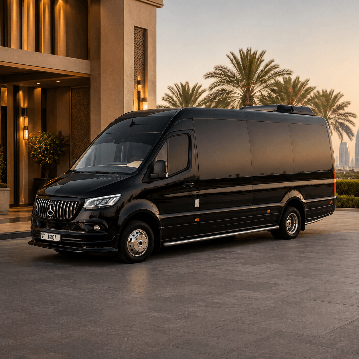 Black Mercedes-Maybach Sprinter 16-seater luxury van, front three-quarter view at a hotel entrance in Dubai at dusk