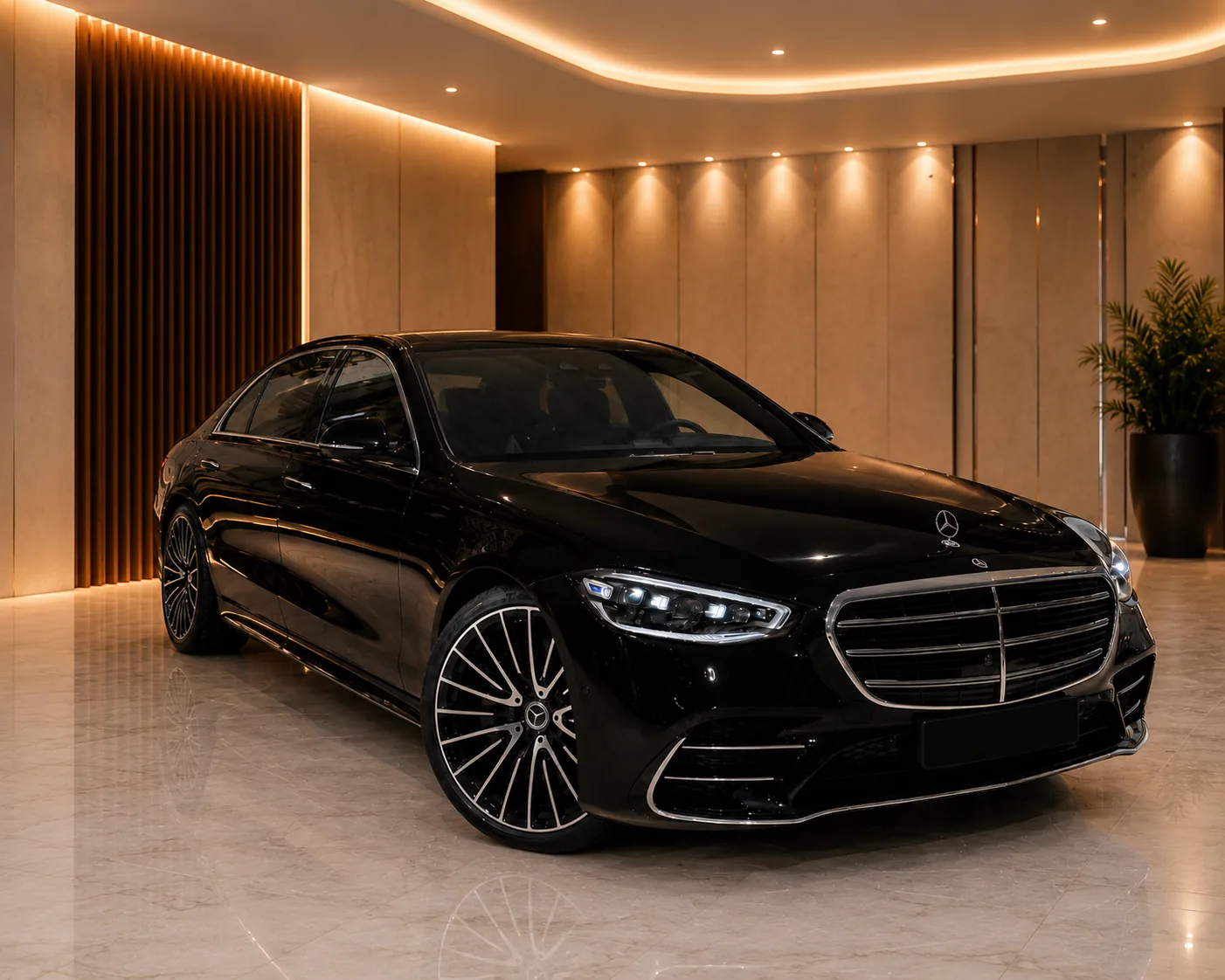 Schwarze Mercedes-Benz S-Klasse in Vorderansicht von schräg vorne in einem Showroom mit Marmorboden