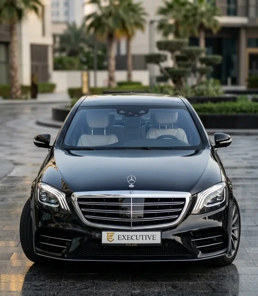 Black Mercedes S-Class chauffeur car, front view, Apex Limo & Chauffeur Dubai fleet
