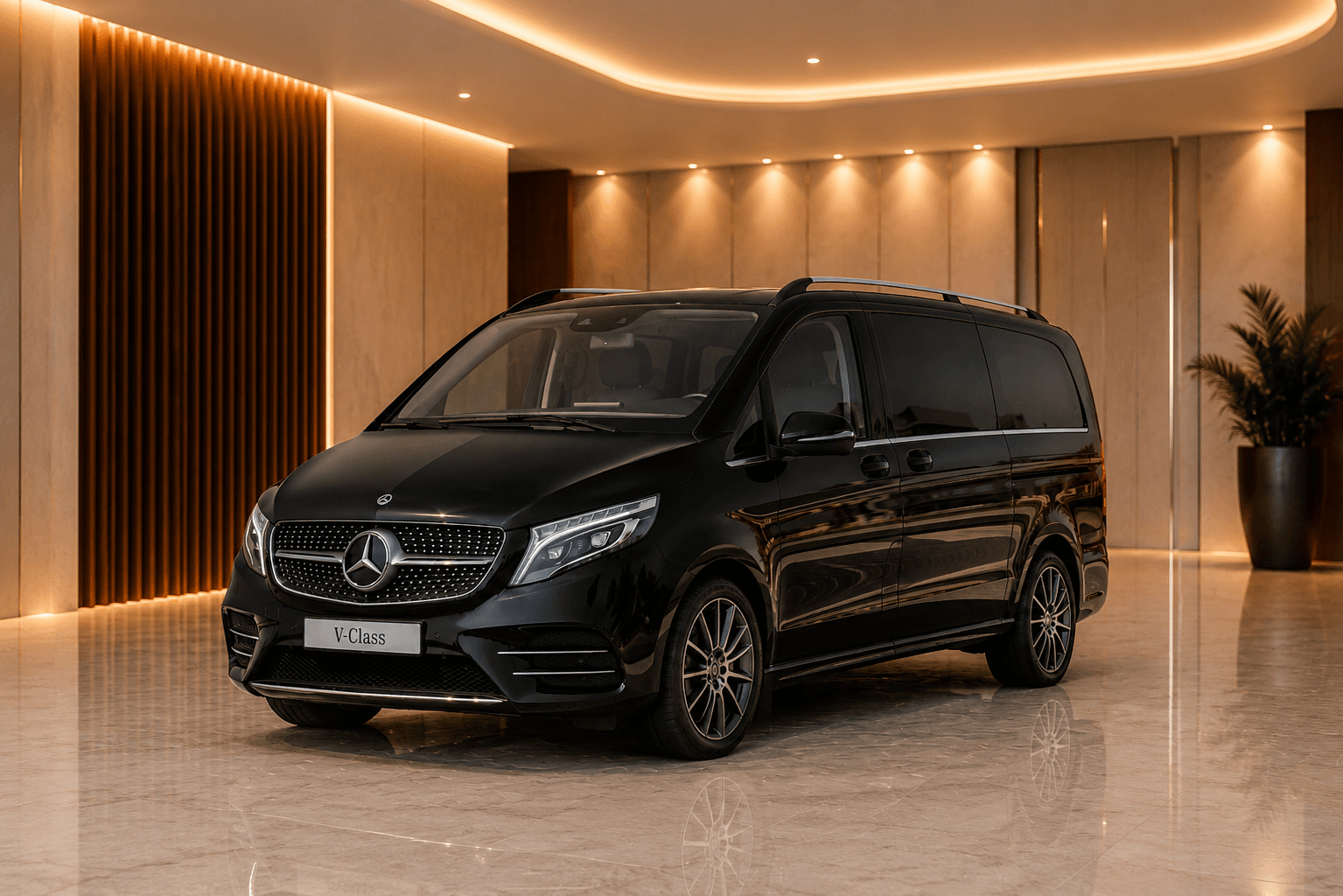 Black Mercedes V-Class front three-quarter view in a marble-floored showroom