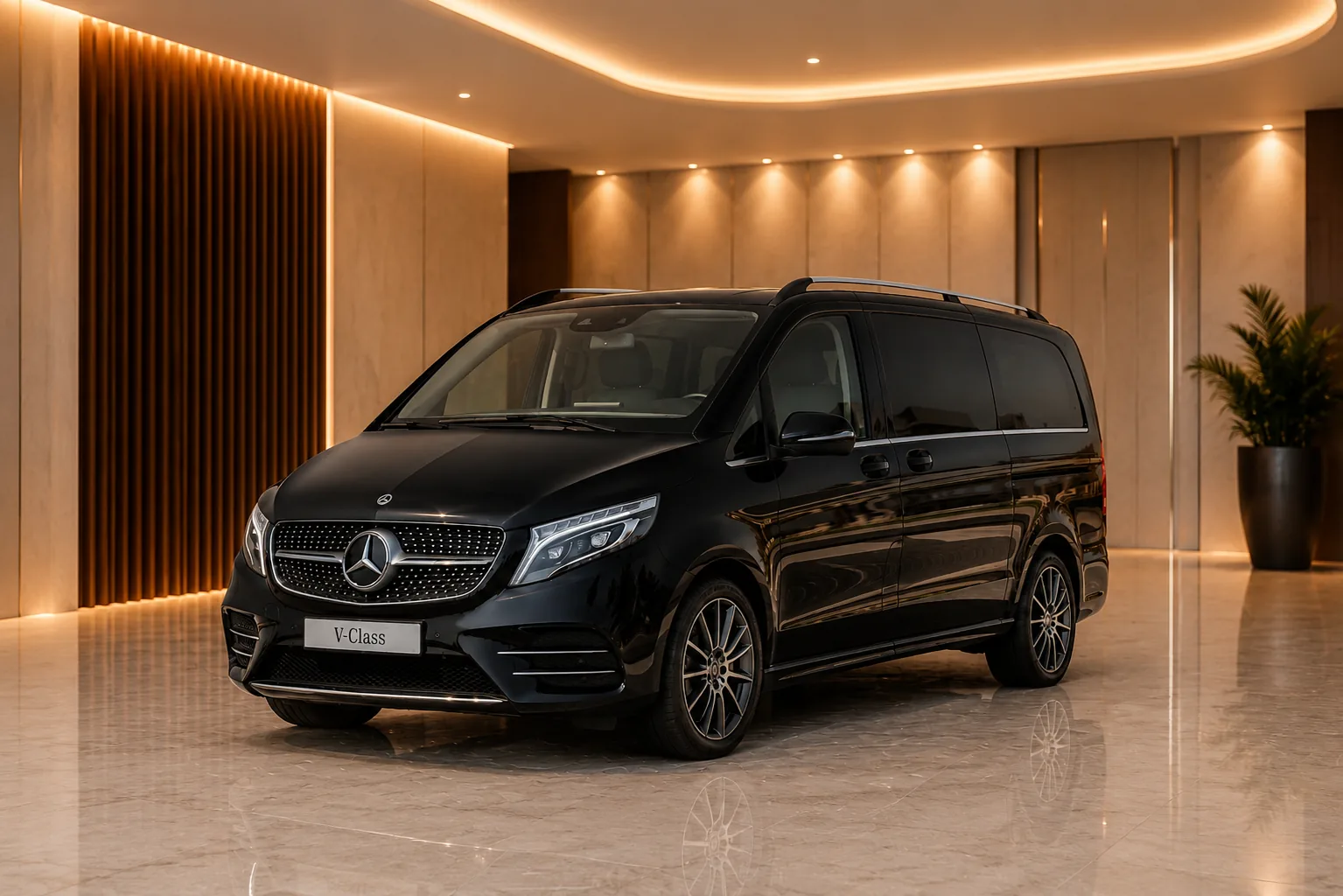 Schwarze Mercedes V-Klasse in Vorderansicht von schräg vorne in einem Showroom mit Marmorboden