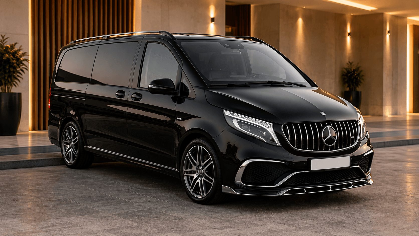 Black Mercedes-Benz V250 Falcon Edition luxury van, front three-quarter view at a hotel entrance in Dubai