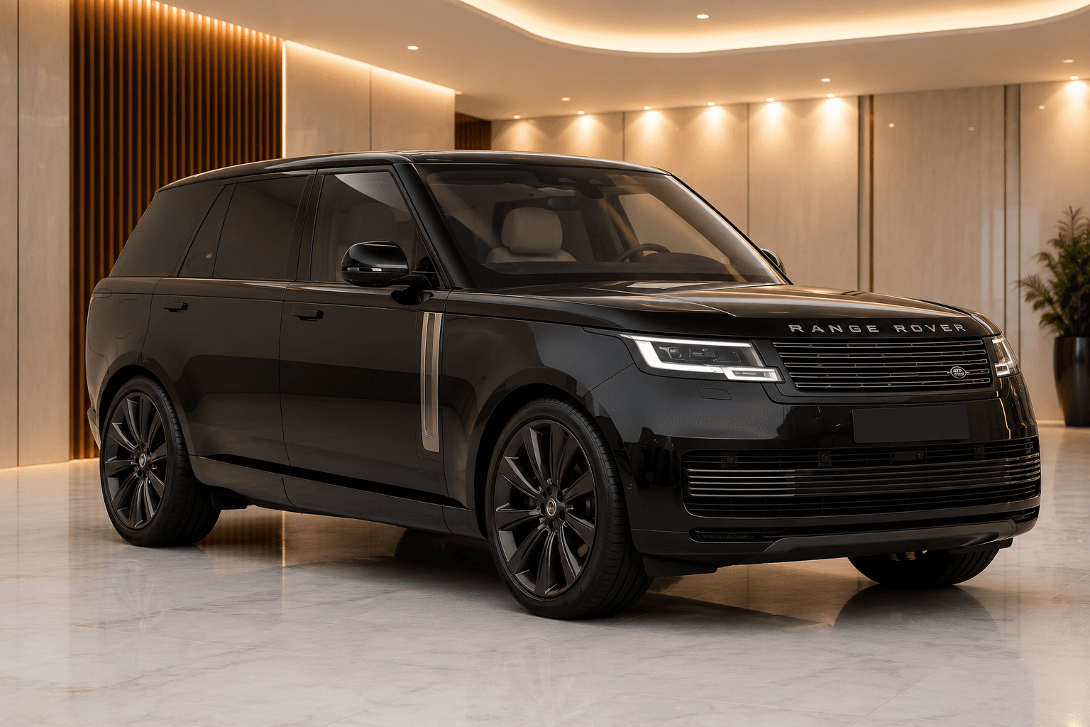 Black Range Rover Autobiography front three-quarter view in a marble-floored showroom