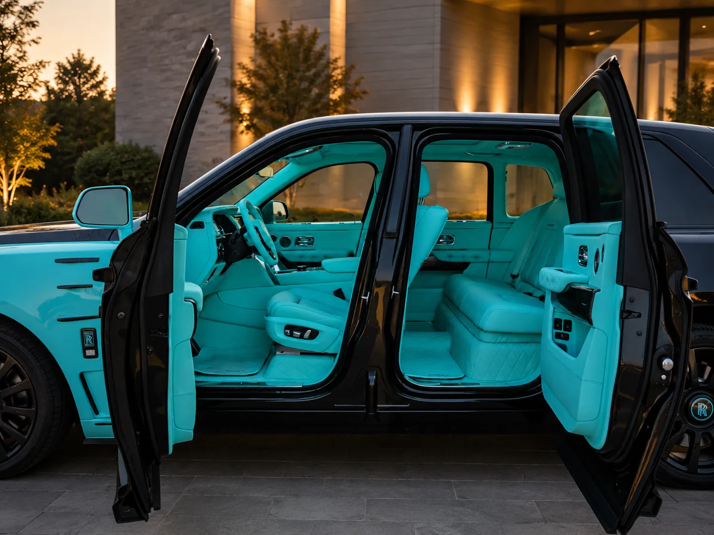Rolls-Royce Cullinan Mansory with coach doors open showing turquoise and white leather interior