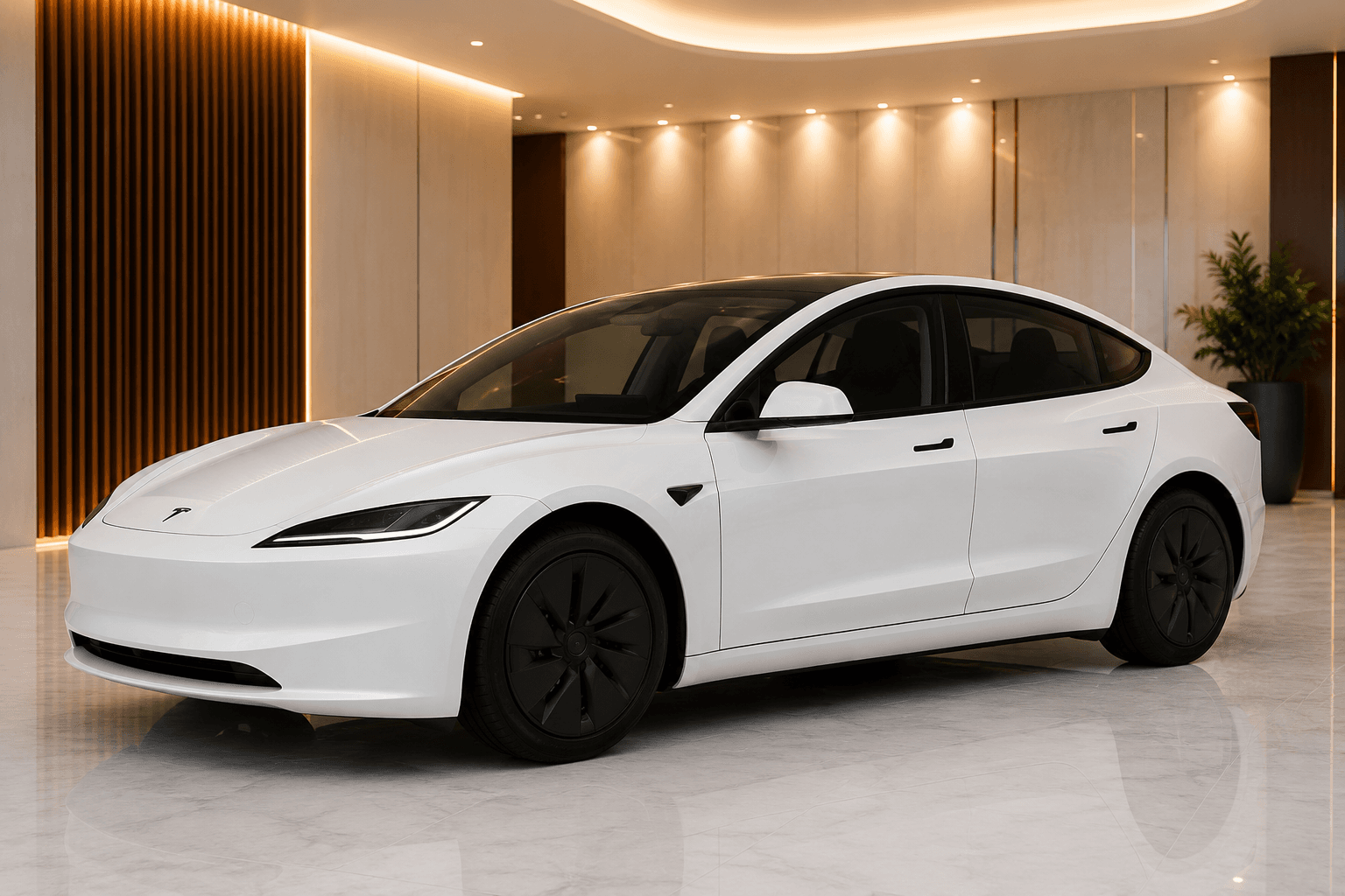 White Tesla Model 3 front three-quarter view in a marble-floored showroom