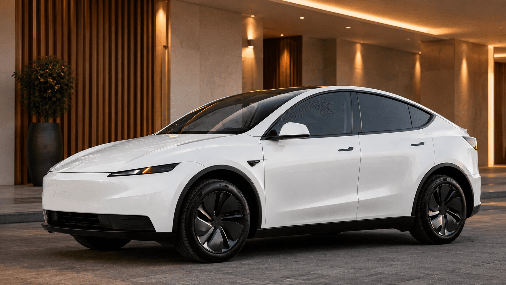 White Tesla Model Y front three-quarter view outside a modern building