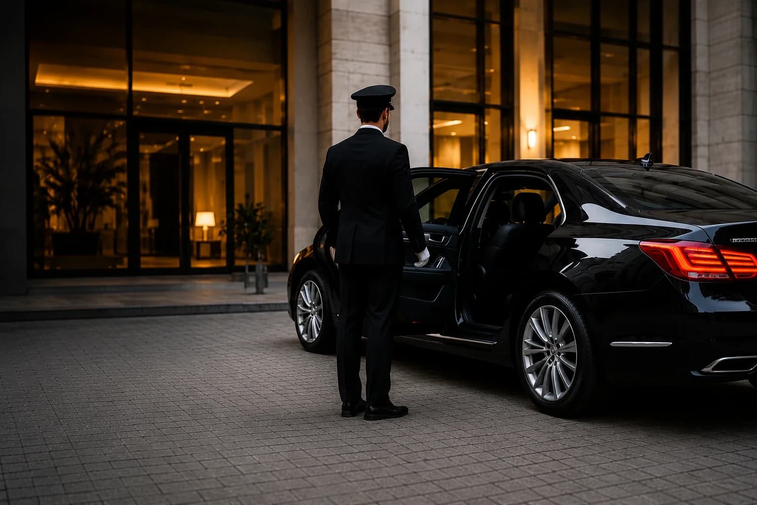 Chauffeur opening the door of a luxury Mercedes in Dubai at night