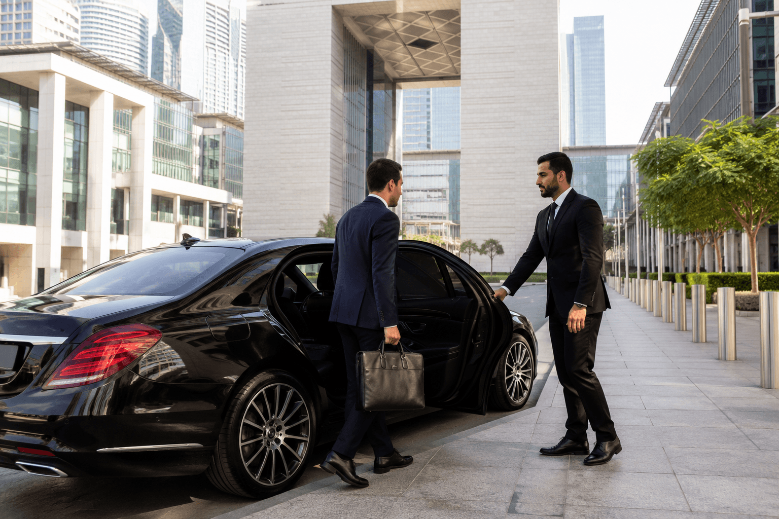 Cadre d'entreprise montant dans une luxueuse berline Mercedes avec chauffeur devant le quartier financier du DIFC à Dubaï, gratte-ciel modernes