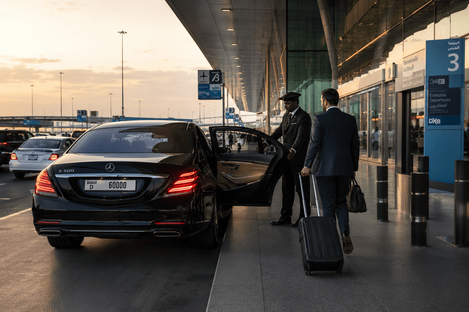 Luxueuse Mercedes S-Class arrivant au terminal de l'aéroport international de Dubaï, chauffeur ouvrant la portière arrière, voyageur d'affaires avec bagages