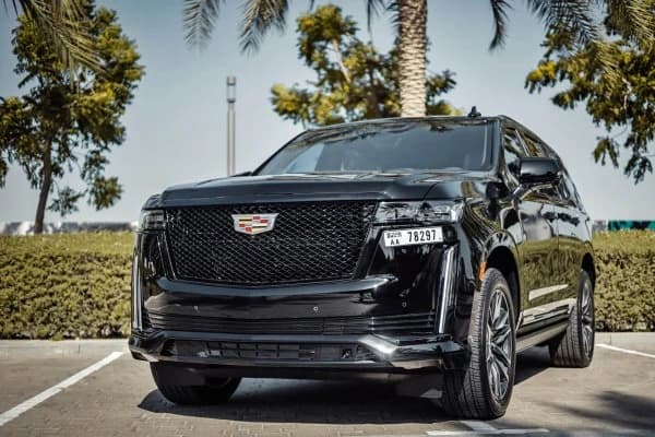 Cadillac Escalade noire de la flotte de luxe Apex Limo garée parmi les palmiers à Dubaï