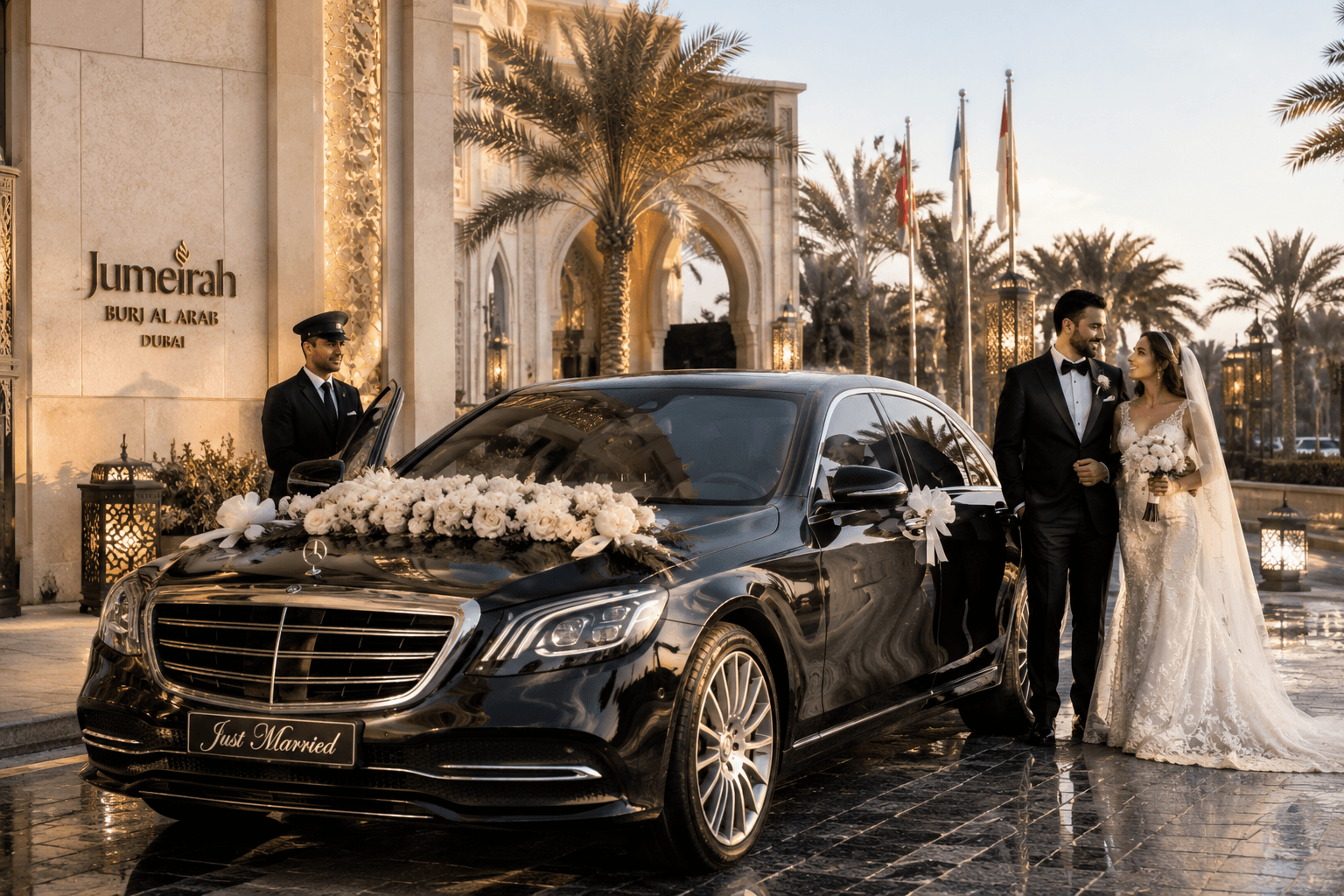 Élégante Mercedes de luxe noire ornée de décorations de mariage devant un hôtel de luxe à Dubaï, arrivée des mariés, photographie de transport de mariage haut de gamme