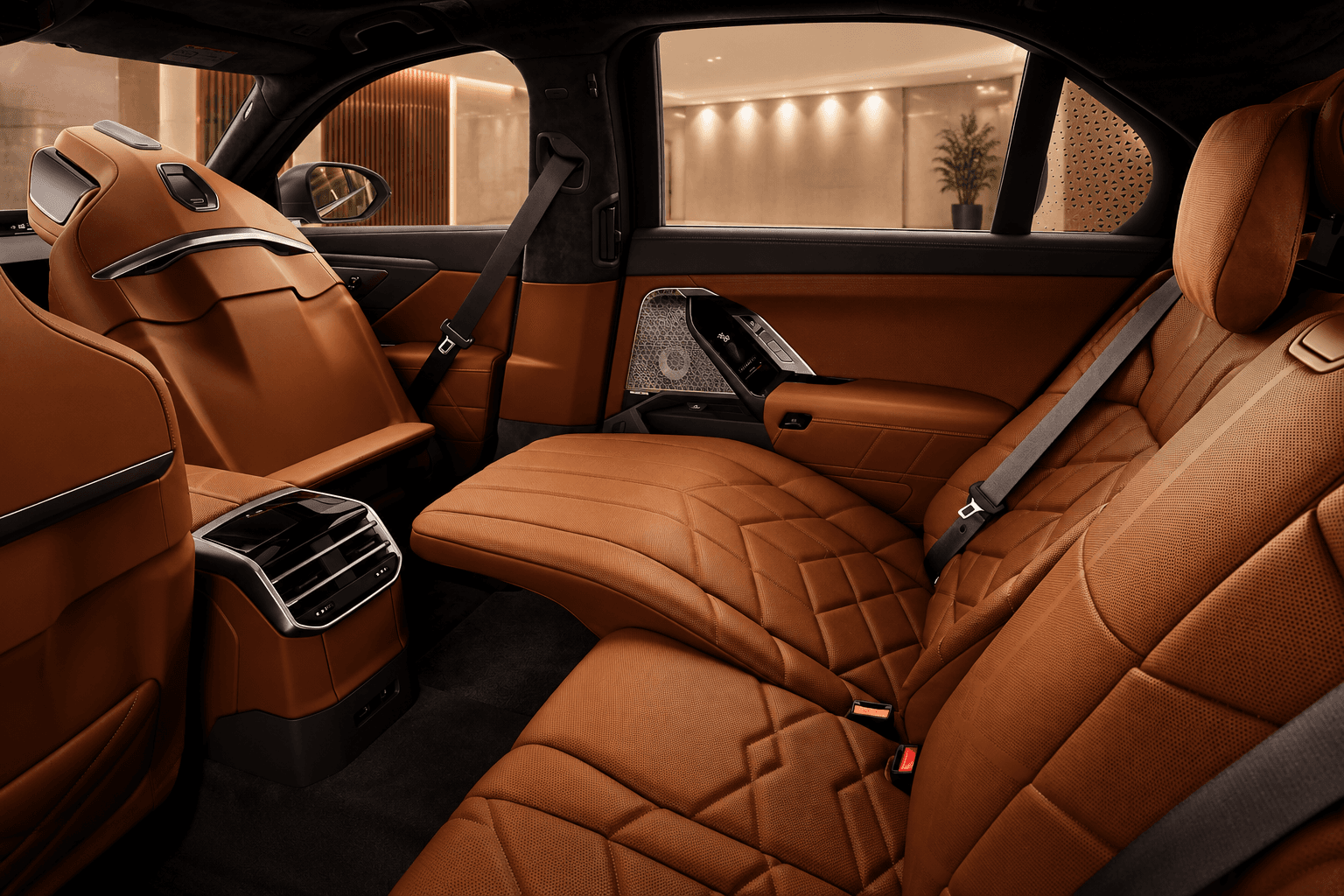 BMW 7 Series rear passenger cabin with cognac quilted leather seating