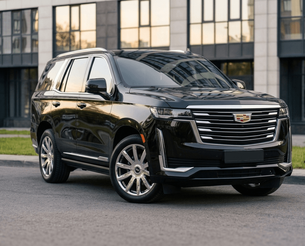 Вид спереди сбоку на Cadillac Escalade ESV у современного здания со стеклянным фасадом