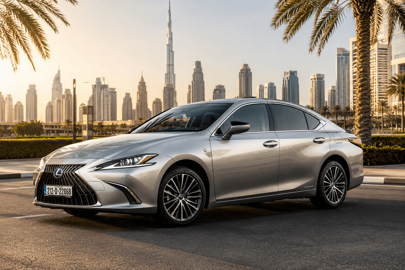 Вид спереди сбоку на Lexus ES 300h на фоне горизонта Дубая и Бурдж-Халифа