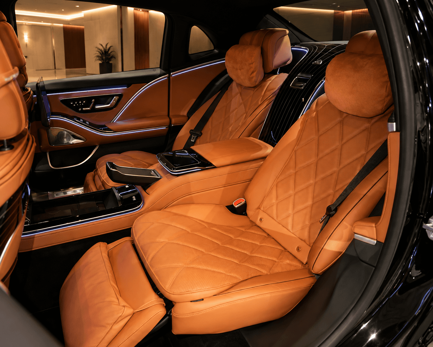 Mercedes-Maybach S-Class rear cabin with cognac diamond-quilted leather and reclining seat