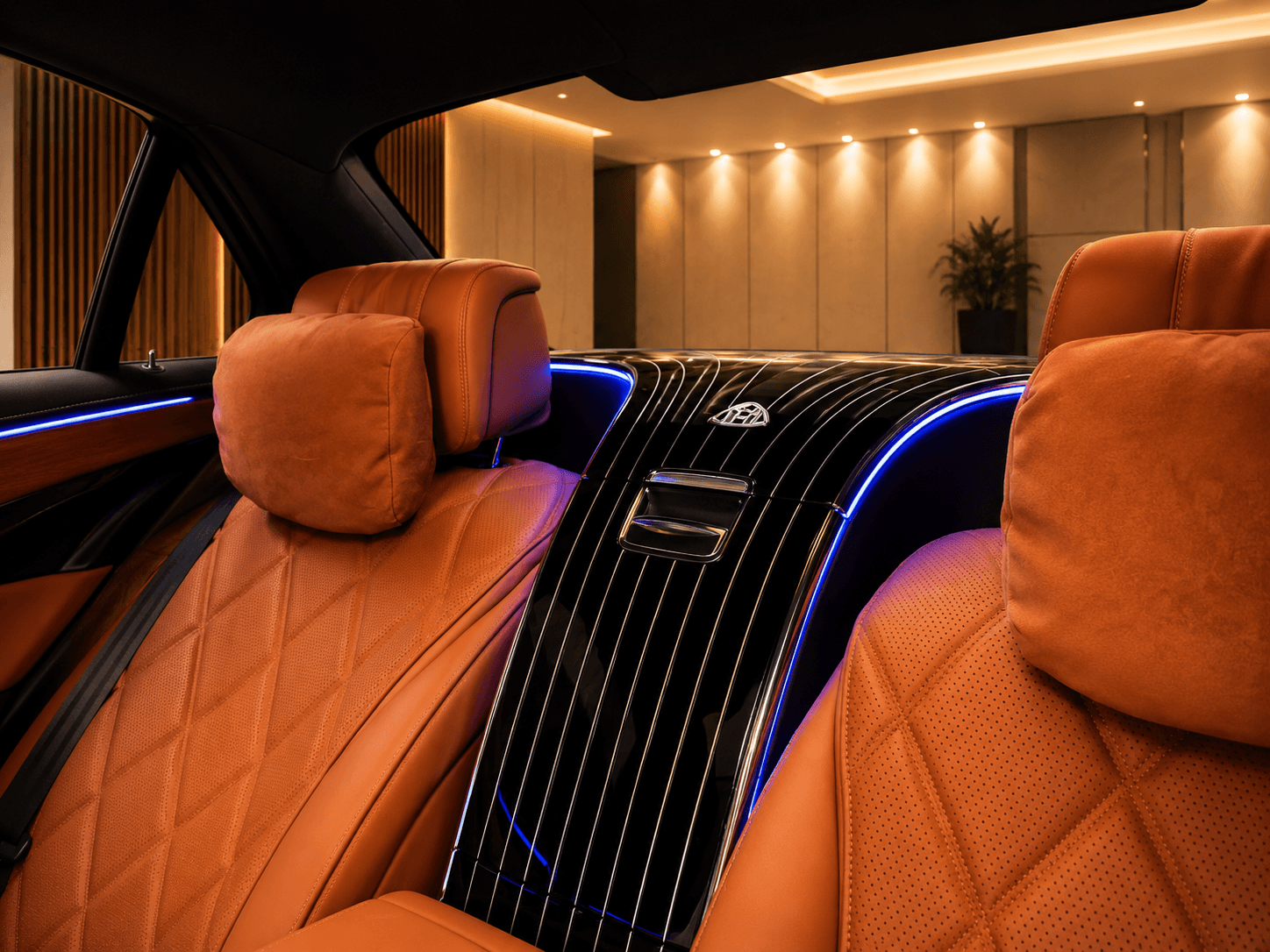 Mercedes-Maybach S-Class rear headrest pillows and polished centre divider with ambient lighting