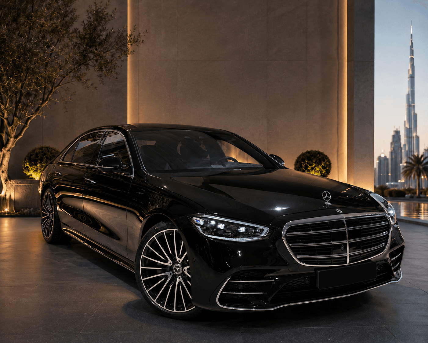 Вид спереди сбоку на Mercedes-Benz S-Class на фоне горизонта с Бурдж-Халифа в сумерках