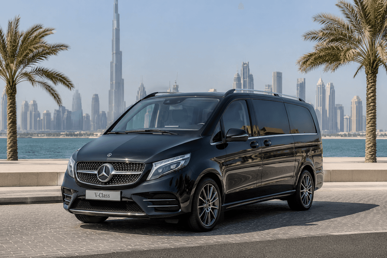 Вид спереди сбоку на Mercedes V-Class вдоль Dubai Marina с Бурдж-Халифа на фоне