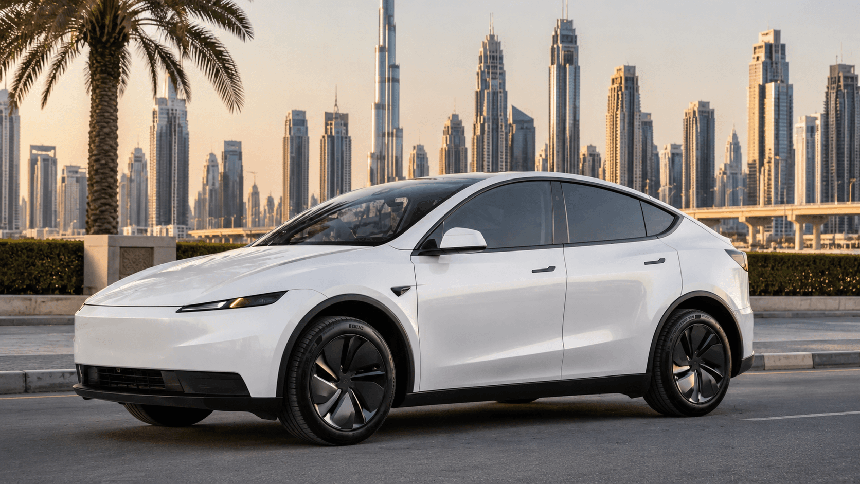 Вид спереди сбоку на Tesla Model Y на фоне горизонта Дубая