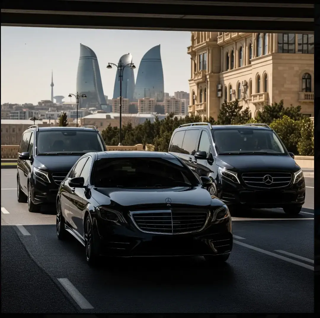 Apex Limo motorcade of a Mercedes S-Class and V-Class vans moving together as a coordinated VIP convoy