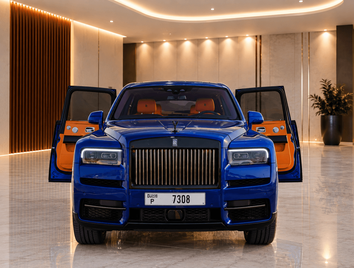 Rolls-Royce Cullinan Black Badge front view with rear coach doors open, showing orange leather door panels