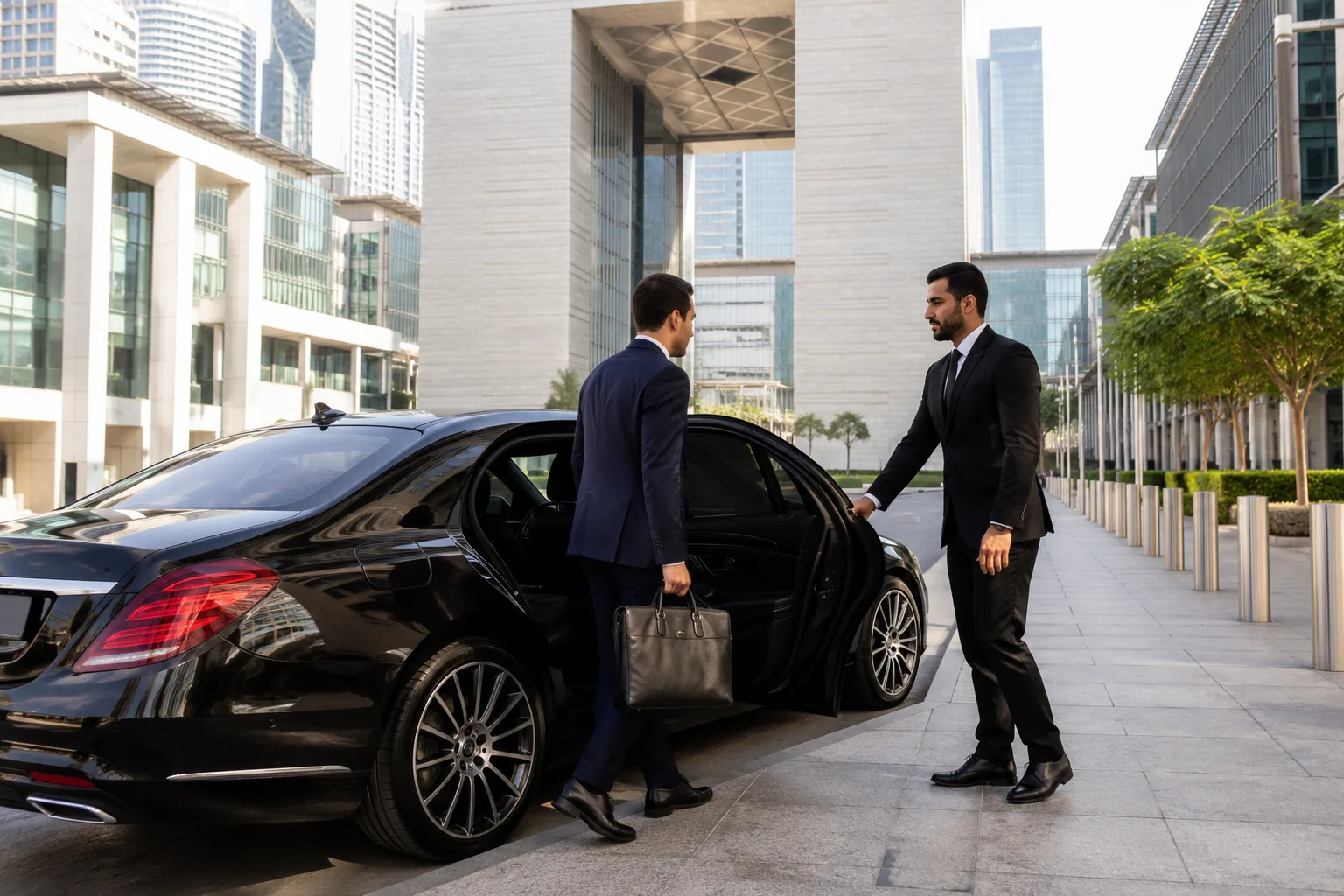 Führungskraft steigt in eine luxuriöse Mercedes-Limousine mit Chauffeur vor dem Finanzviertel DIFC in Dubai, moderne Wolkenkratzer