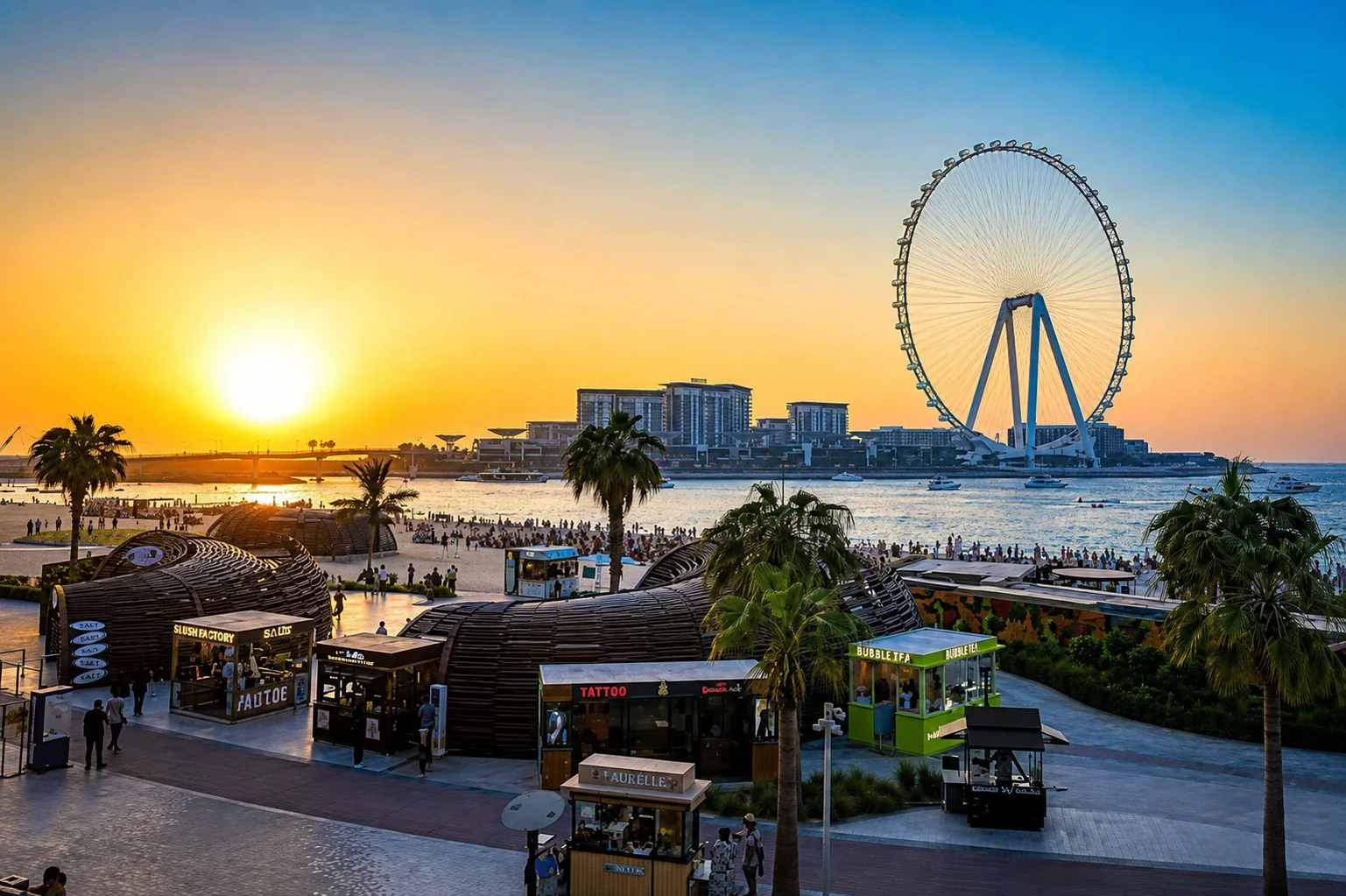 Sonnenuntergang am JBR-Strand mit dem Riesenrad Ain Dubai und der Promenade The Beach